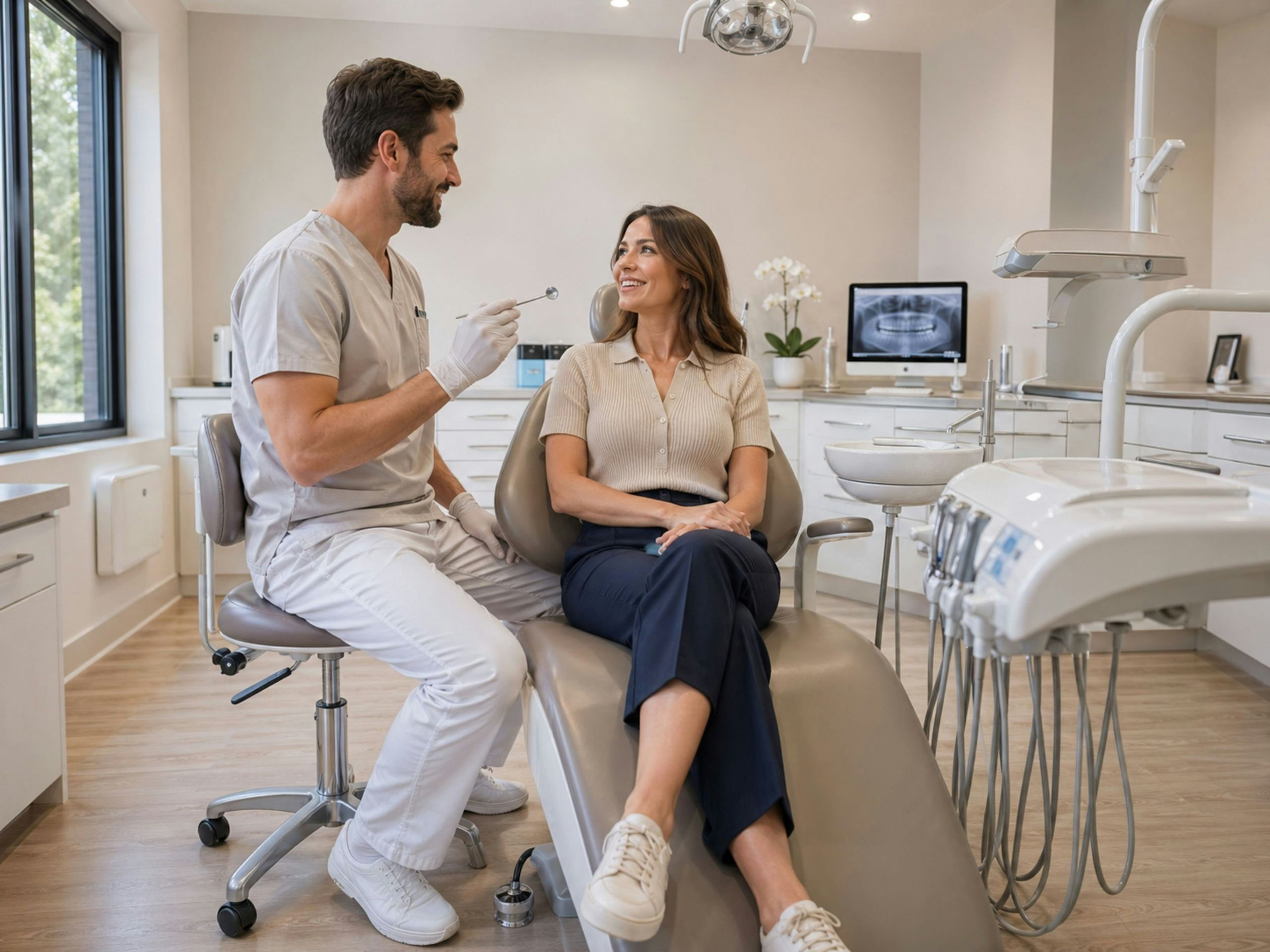 A dentist in scrubs talks to a smiling woman sitting in a dental chair inside a modern, bright dental office with equipment and an X-ray visible in the background.